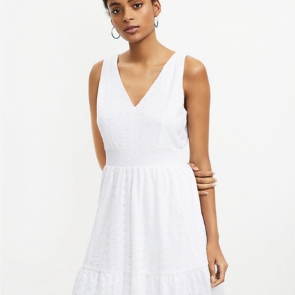 LOFT White Eyelet Double V Ruffled Tiered Sundress